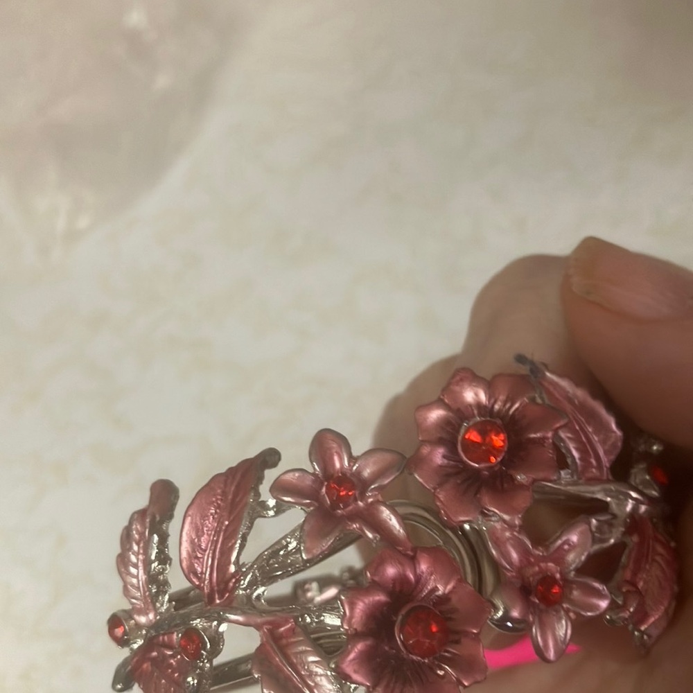 Floral Pink and Silver hinged enamel Bracelet